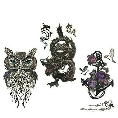 Temporary Tattoo 3 Sheets, Owl size 6"x 8" ,Dargon size 4"x6.5 , Sexy lady size 4"x 6.5"