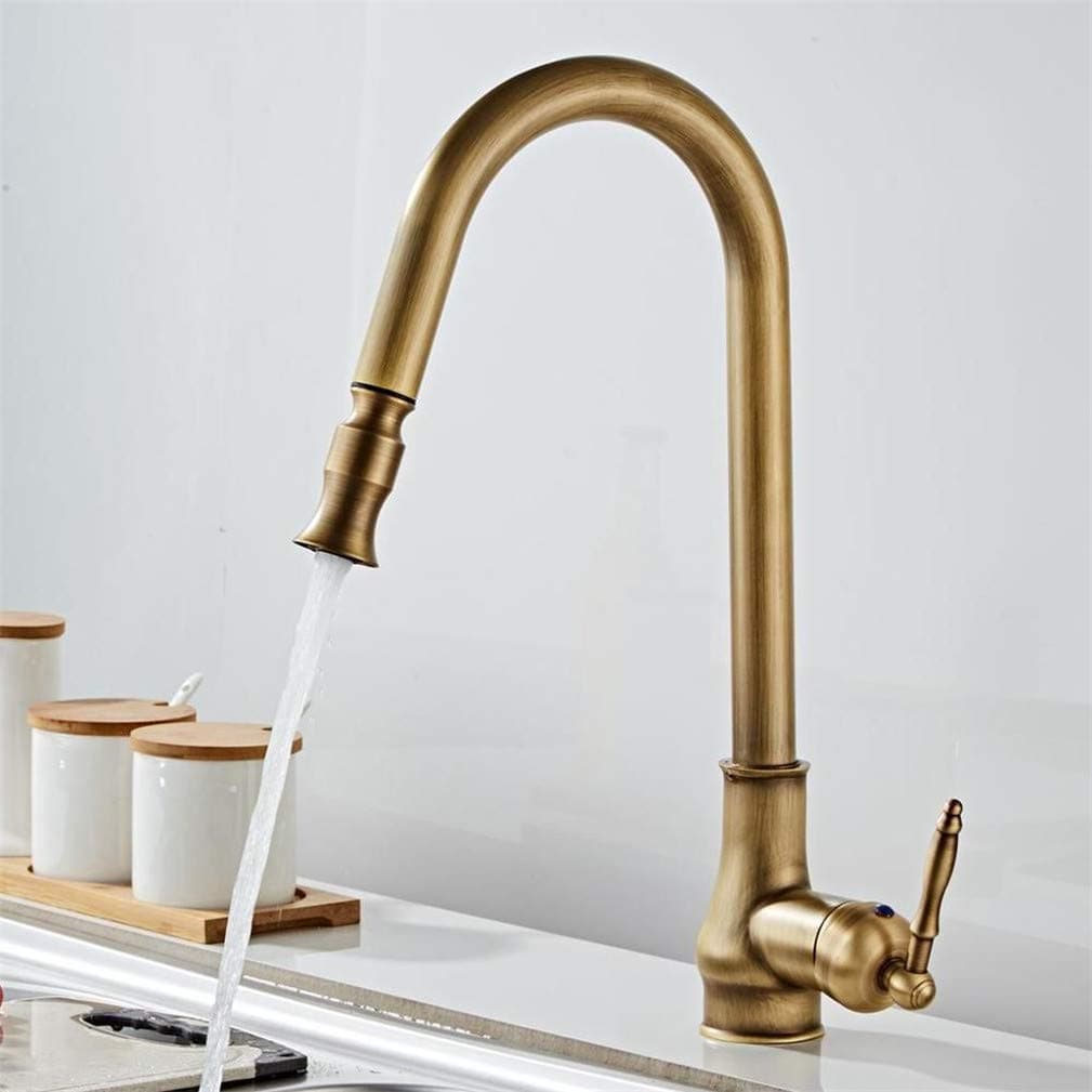 Antique Brass Kitchen Faucets Pull Out Spray Head Hot Cold 360 Degree Swivel Sink Faucet Water Mixer Pull Down Mixer Taps Single Handle Retro Style,Antique Brass