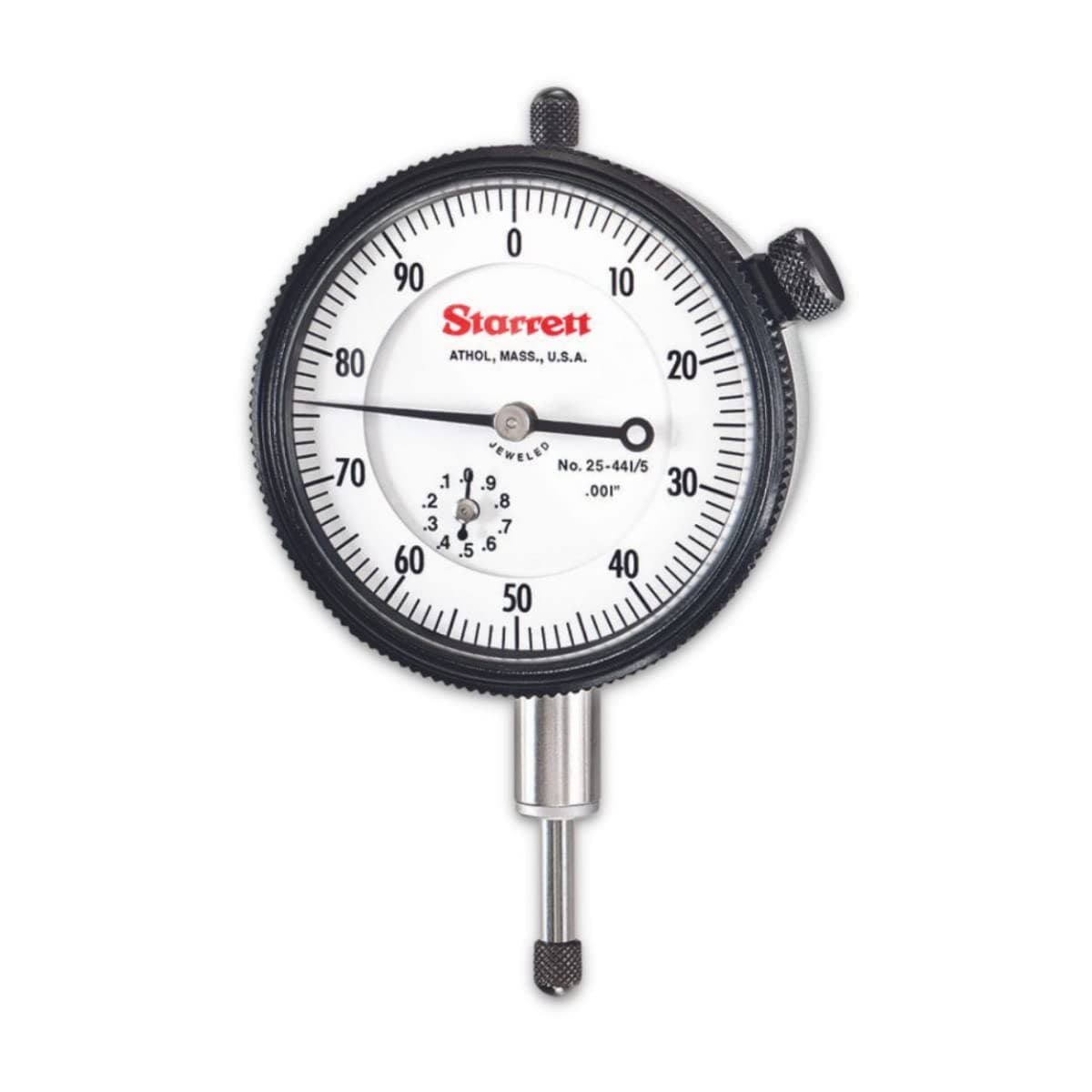 Starrett 25-441/5J Dial Indicator, 0.375" Stem Diameter, Lug-On-Centre Back, White Dial, 0-100 Reading, 0-0.5" Range, 0.001" Graduation