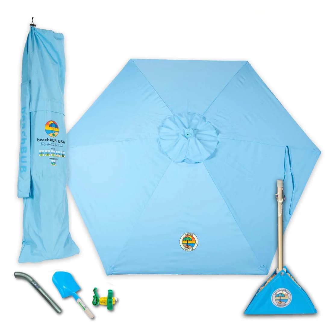ALL-IN-ONE BEACH UMBRELLA SYSTEM. Includes ULTRA Base (compliant with the ASTM F3681-24 Beach Umbrella Safety Standard). (Caribbean Blue)