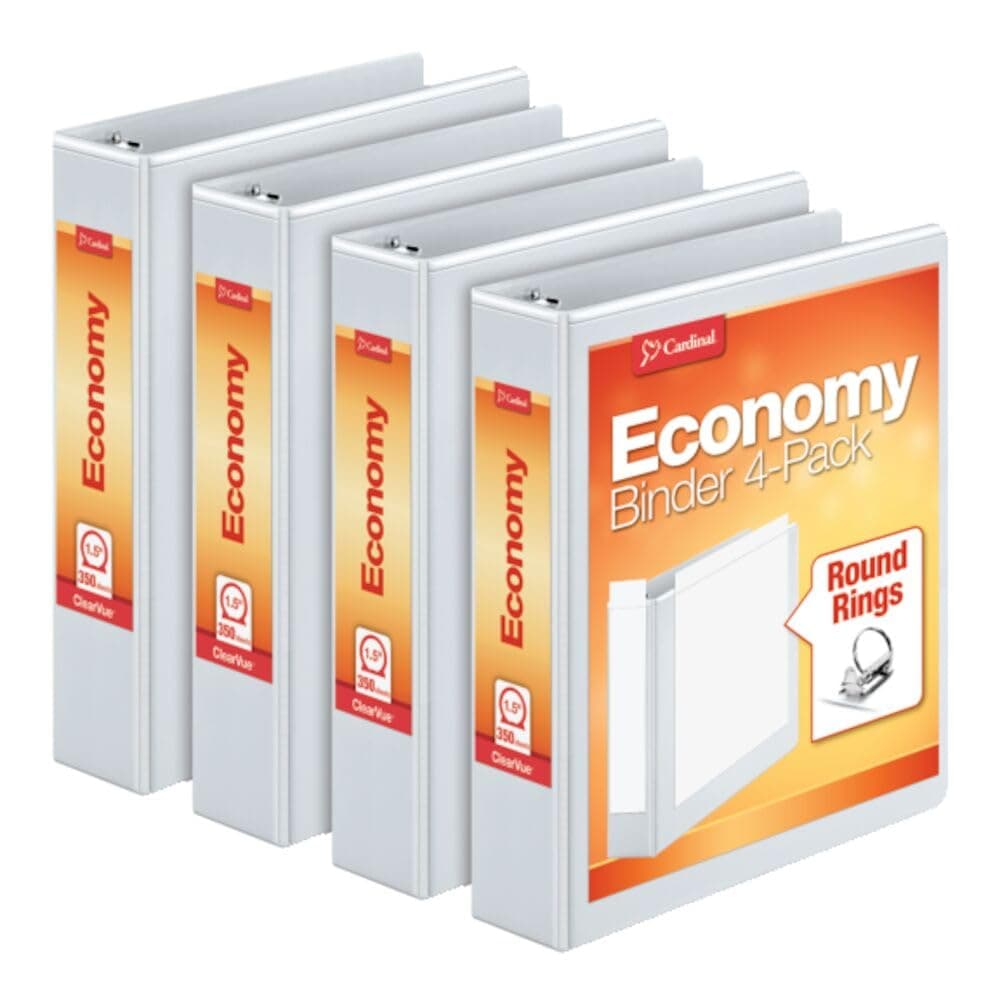 Cardinal 1.5 Inch 3 Ring Binder, Round Ring, White, 4 Pack, Holds 350 Sheets (79517)