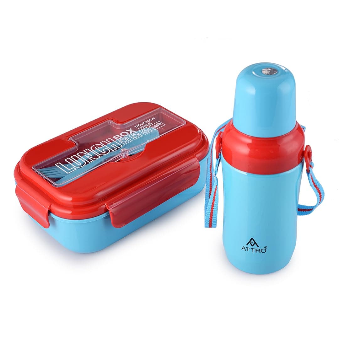 ATTRO Plastic Magic Combo Set 1 Lunch Box&1 Water Bottle Bpa Free Food Grade Perfect for School Kids-Blue Red,1200ML