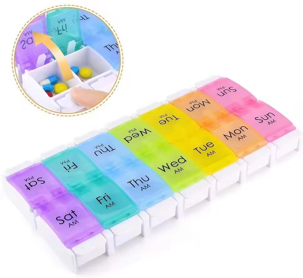 Weekly Pill Organizer 7 Day Large Storage Pill Box AM PM Daily Easy Fill Medicine Pill Cases Two Time A Day Pill Case Rainbow Design