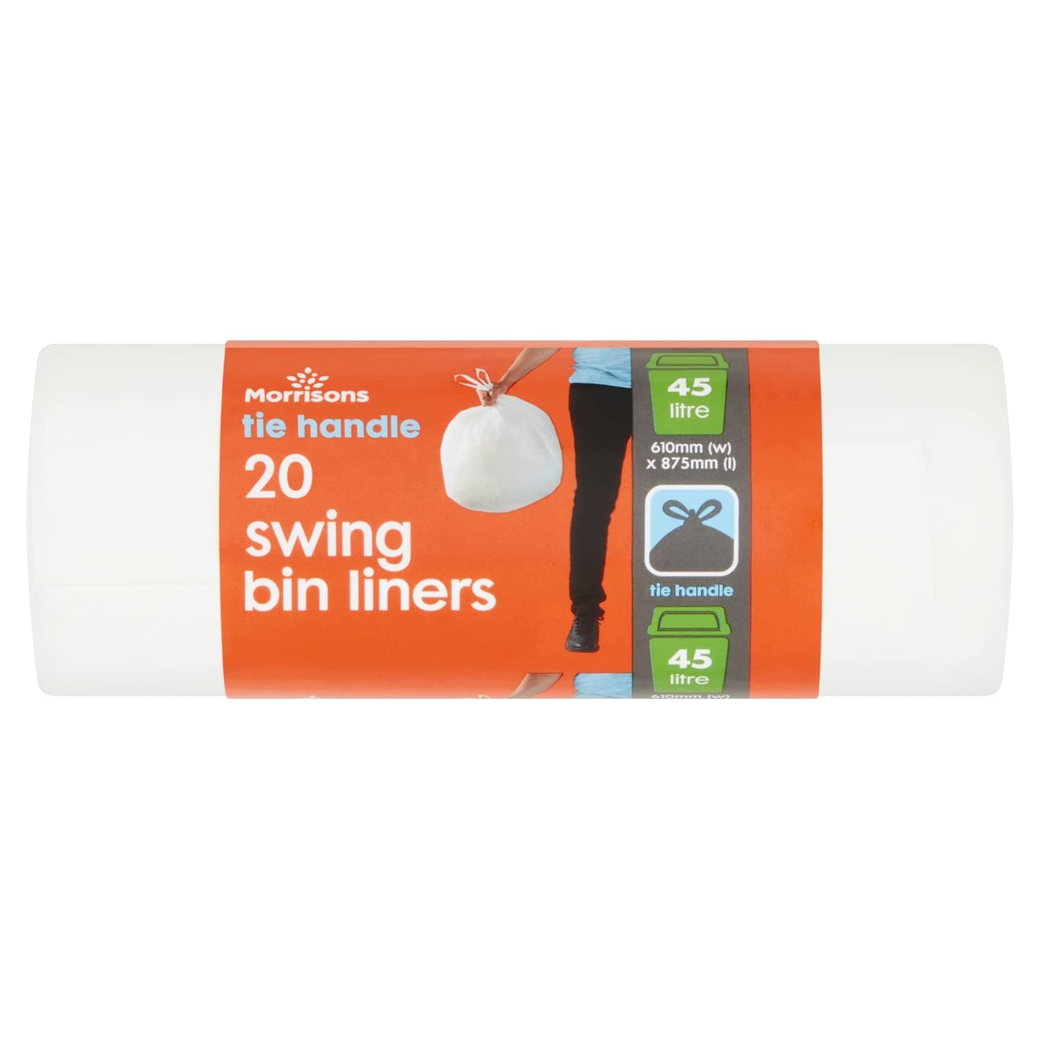 Morrisons Tie Handle Swing Bin Kitchen Waste Liners, 45 Litre, White, 1 count (Pack of 20)