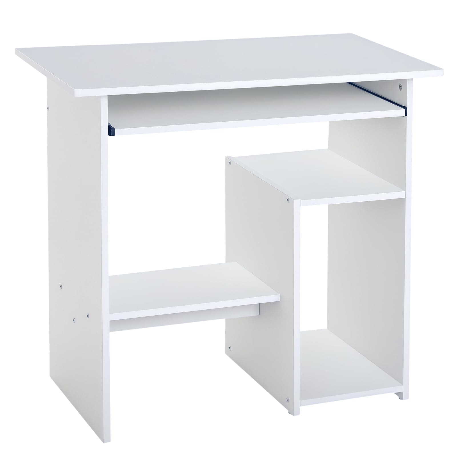 Compact Small Computer Table Wooden Desk Keyboard Tray Storage Shelf Modern Corner Table Home Office White