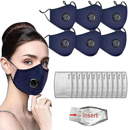 Face Bandanas with Breathing valve + Activated Carbon Filter Replaceable Haze Dust for Adults (6pcs + 12 Filter, Blue)