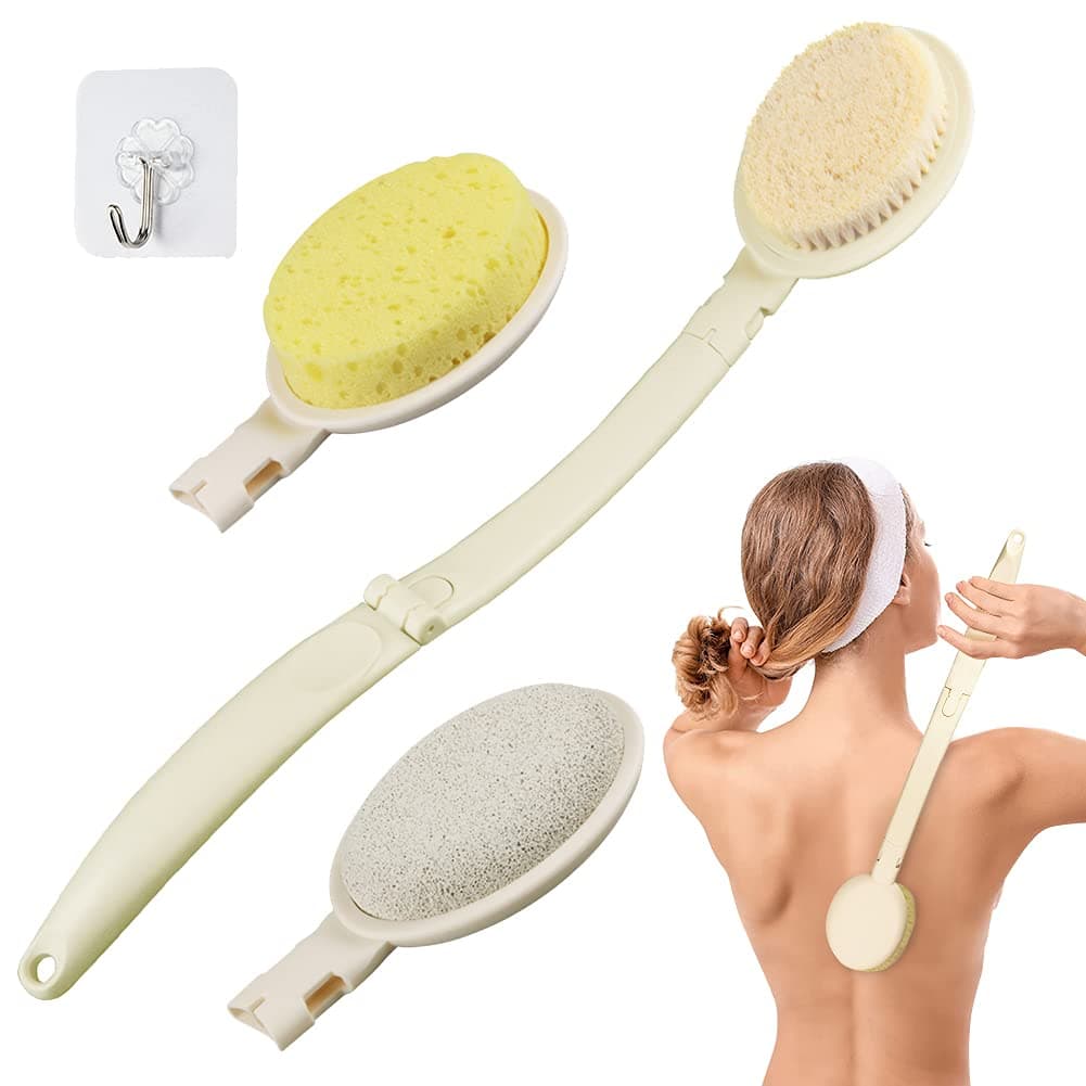 3 in 1 Shower Brush Set, Foldable Back Brush, Bath Brush Long Handle for Shower, Heads Pumice Stone,Loofah Sponge and Back Body Scrubber Bristles for Exfoliating or Dry Skin Brushing