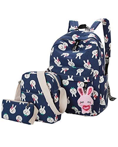 ABage Canvas Backpack Set 3 Pieces Patterned Bookbag Laptop School Backpack, Dark Blue2