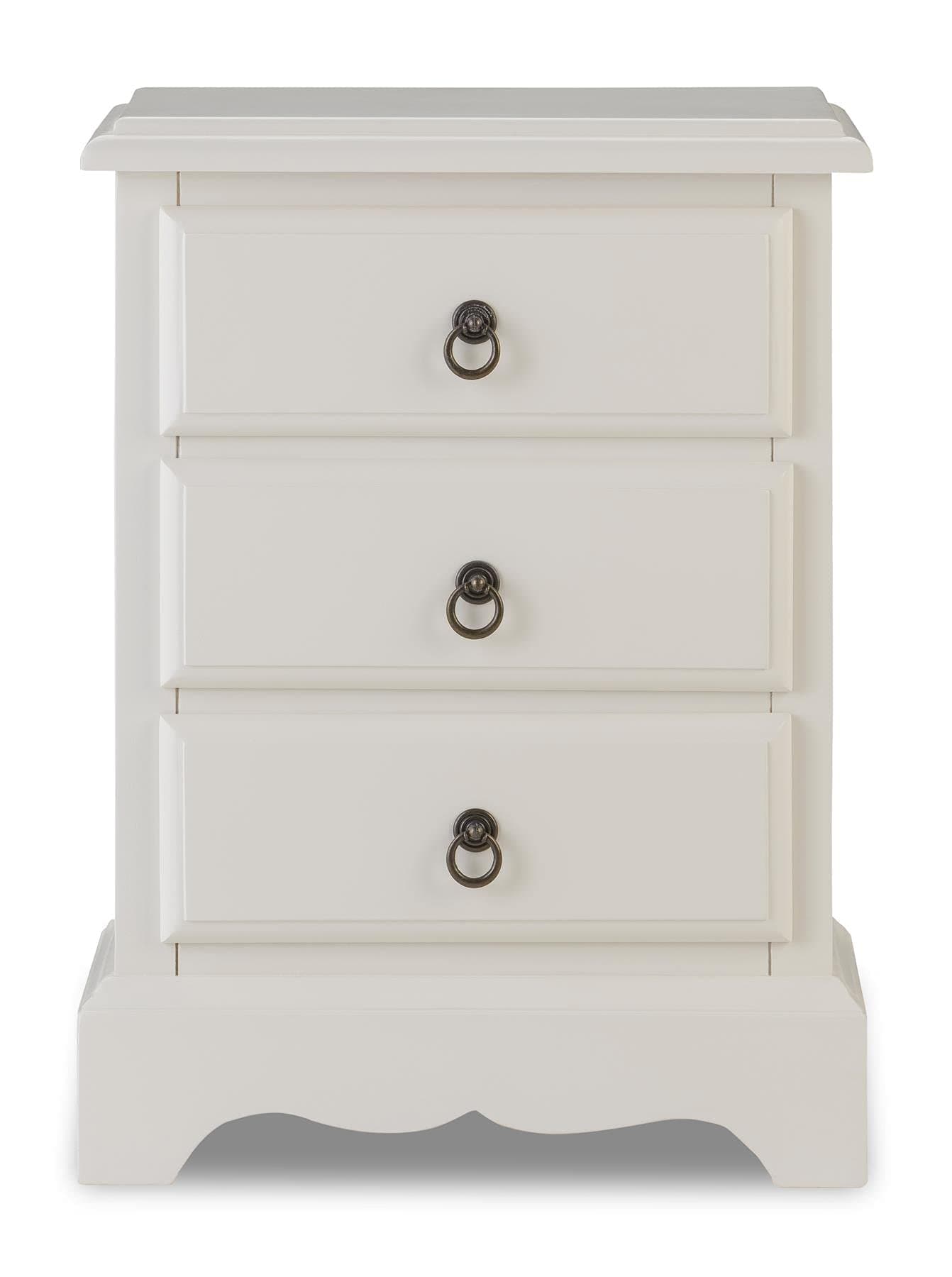 Romance Bedside Table, Stunning white bedside cabinet with 3 drawers, ASSEMBLED (antique white)