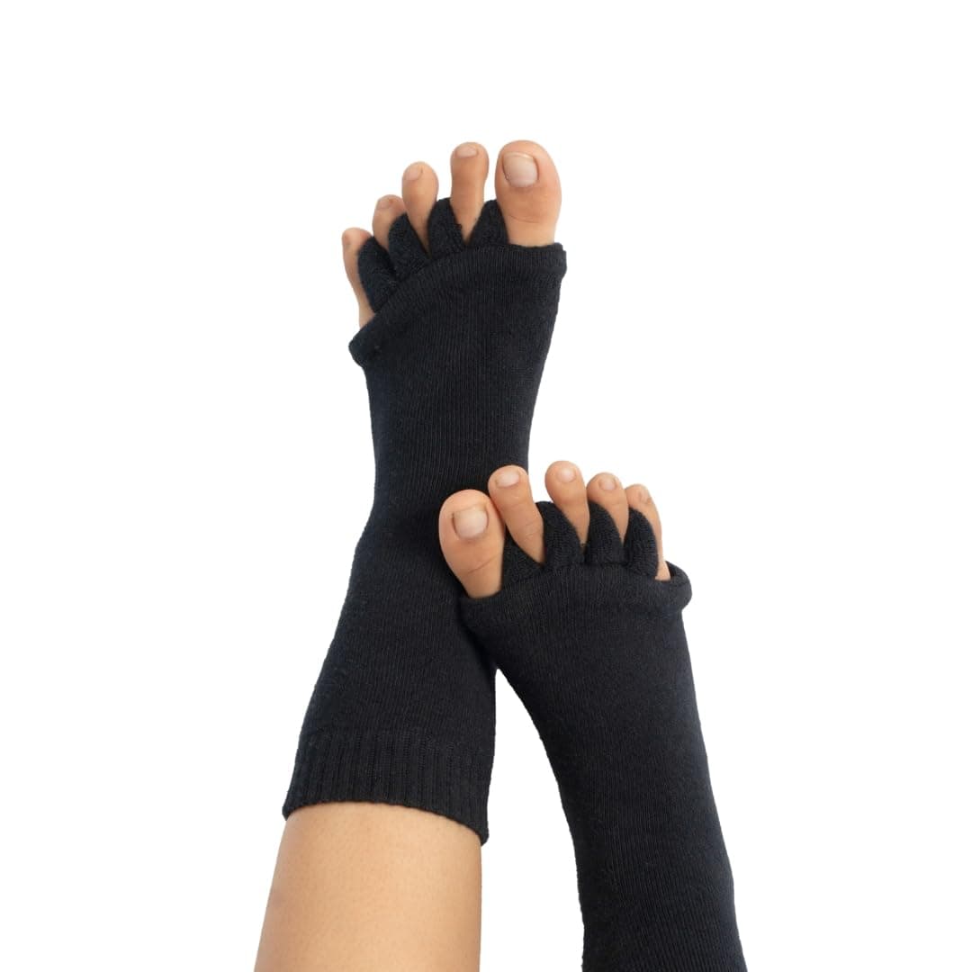 cotton Foot Alignment Socks 5 Toe seprator -Easing Bunion, Plantar Fasciitis, Hammer Toes, and Pain Relief |- Size UK6-9 (Black, S)