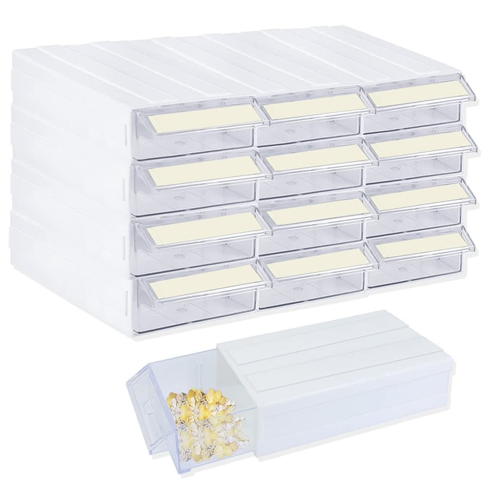 12 Drawer Stacking Storage Cabinet, Plastic Stacking Drawer with 24 Dividers&12 Tag Cards Multi Compartment Organizer Storage Container for Jewelry, Craft DIY, Bead, Small Items（12,WHITE）