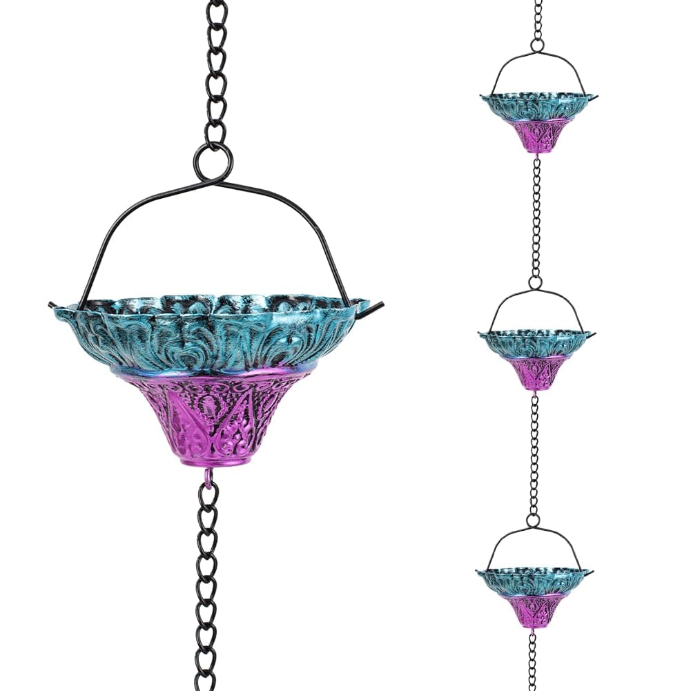 10FT Rain Chains for Outside, Rain Gutter Chain with 12 Flower Cups, Adjustable Rainwater Catcher Chain for Eaves Drainage, Replacement for Downspout