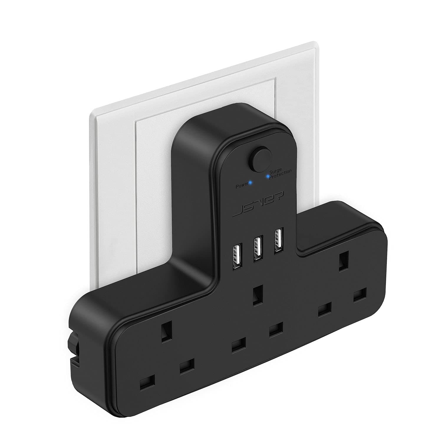JSVER Plug Adaptor UK 3 Way, Plugs Extension Multi Sockets with 3 USB Slots(5V/2.4A) Wall Socket Extension 13A for Home, Office, Kitchen,Black