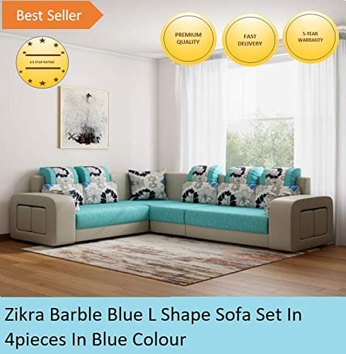 Zikra Six Seater Interchangeable L Shaped Sofa Set (Marble Blue), with 4 inbuilt Pouffe.