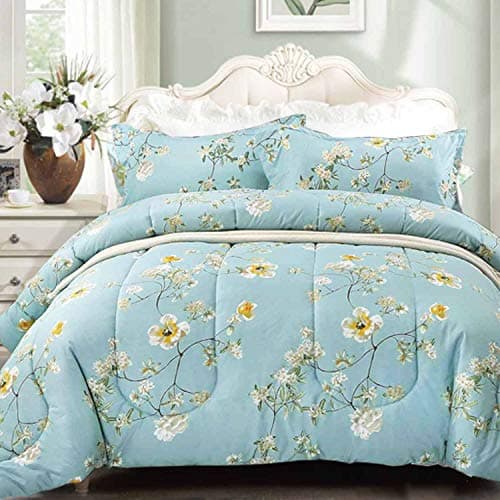 Nanko Comforter Set King Size, Reversible Down Alternative Comforter Microfiber Duvet Sets (1 Comforter + 2 Pillow) Country Style Floral Leaf Vintage Flower Print Bedding, 104x90 inch Teal Green