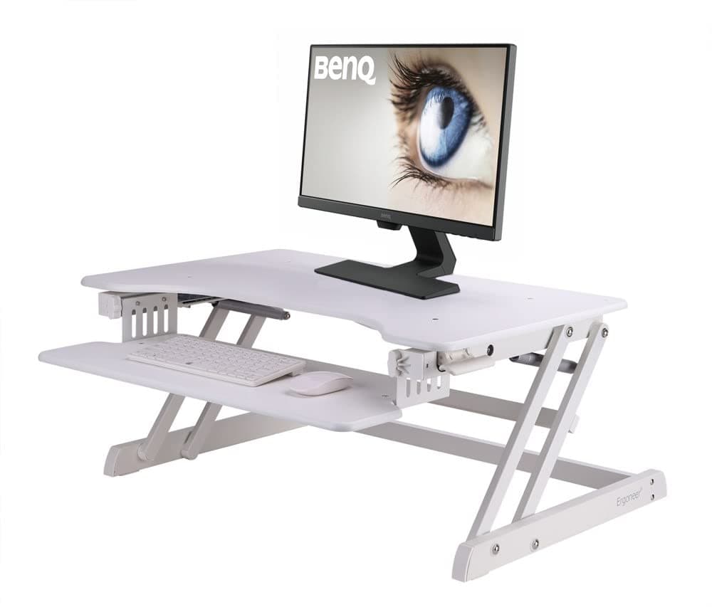 ERGONEER Ergonomic Sit to Stand Desk Computer Workstation | Height-Adjustable Standing Desk Riser with Retractable Keyboard Tray (White)