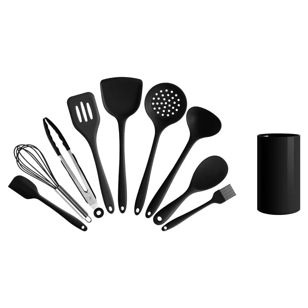 HELVAK Kitchen silicone kitchenware set Cooking non-stick pan set Cooking utensils Heat resistant and easy to clean spatula set bracket including storage bucket 11-piece set (Black)