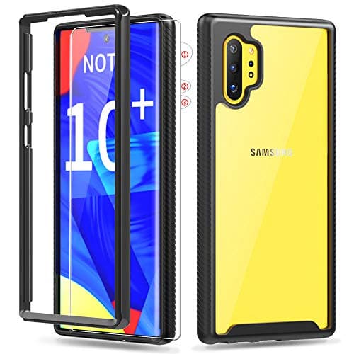 Thonzer Rugged Designed for Samsung Galaxy Note 10 Plus Case/Galaxy Note 10 Plus 5G Case with TPU Screen Protector, Crystal Clear Full Body Shockproof Slim Fit Cover (Black+Clear)