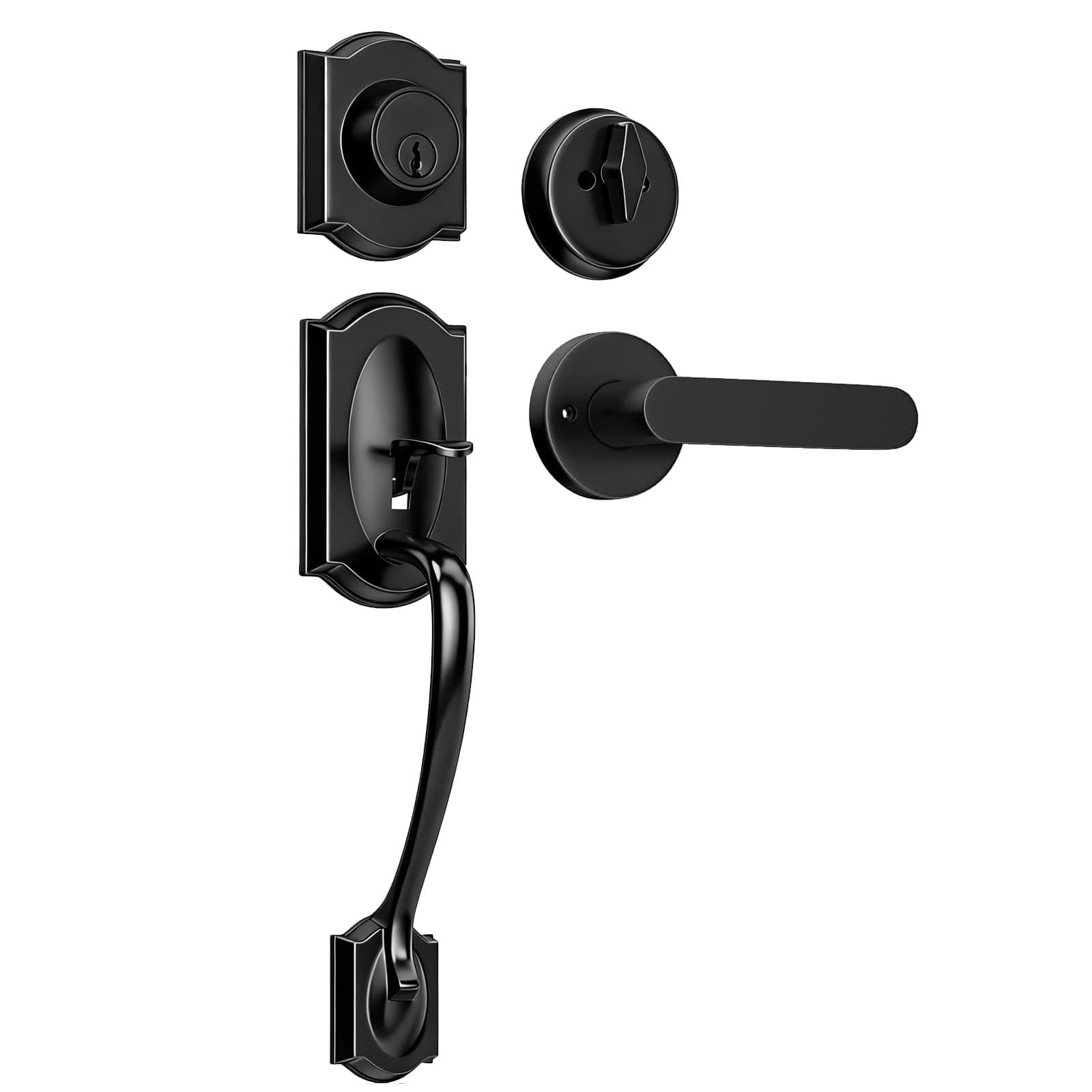 Front Door Handle and Deadbolt Set, Front Door Lock Set, Entry Door Handleset Adjustable Bottom, Exterior Door Lock Set, Reversible Lever for Front Door/Entrance, Matte Black
