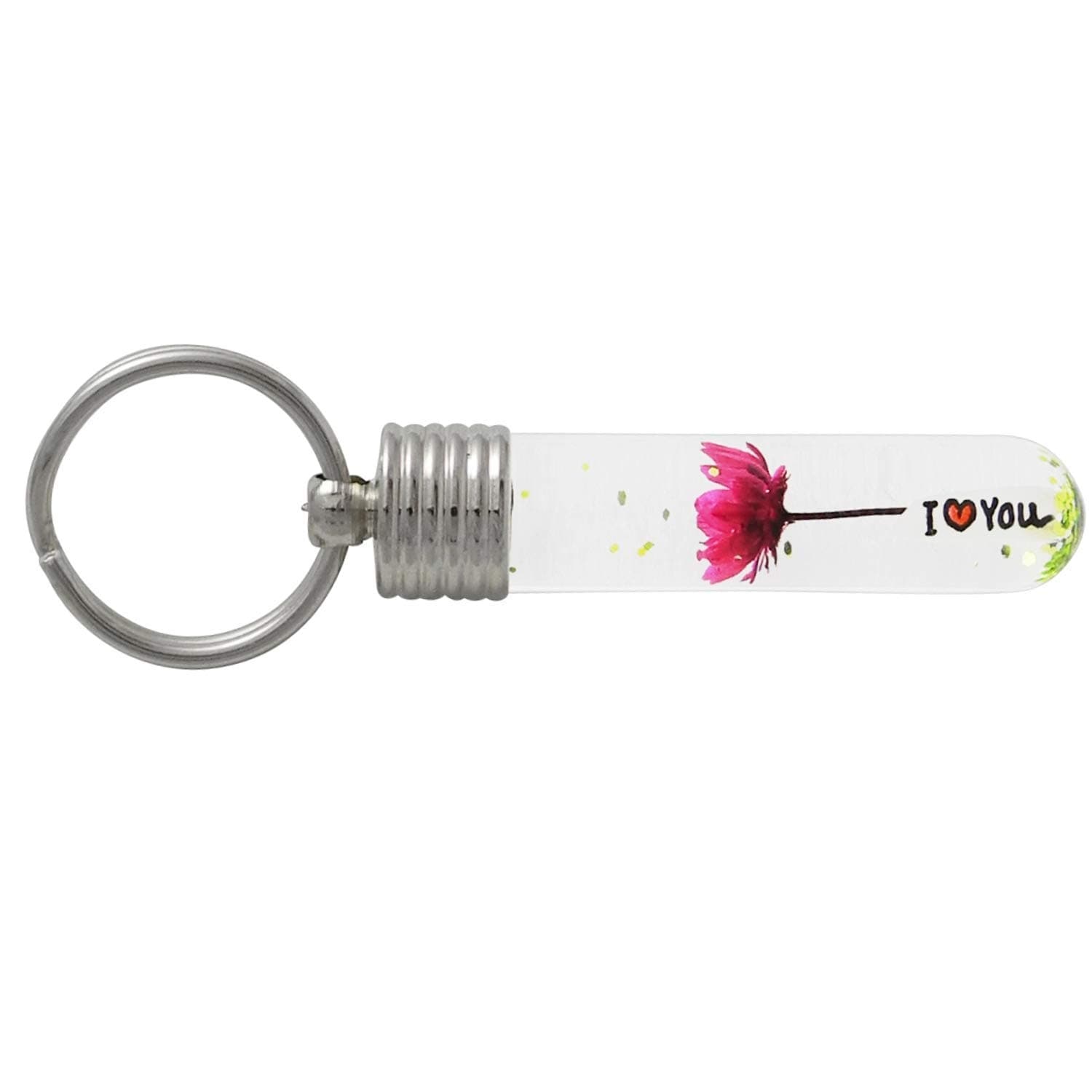 Key ring with name on rice grain - cylindrical shape with real flower