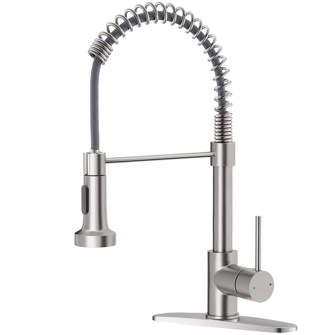 OWOFAN Kitchen Faucets Low Lead Commercial Solid Brass Single Handle Single Lever Pull Down Sprayer Spring Kitchen Sink Faucet, Brushed Nickel
