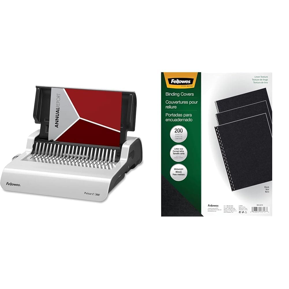 Fellowes Binding Machine Pulsar E Electric Comb Binding (5216701) with 200 Black Linen Presentation Covers (5217001)