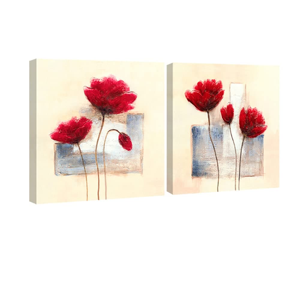 Wieco Art Charming Spring Modern 2 Panels Stretched and Framed Giclee Canvas Prints Artwork Abstract Floral Oil Paintings Style Picture Photo on Canvas Wall Art for Bedroom Home Decorations