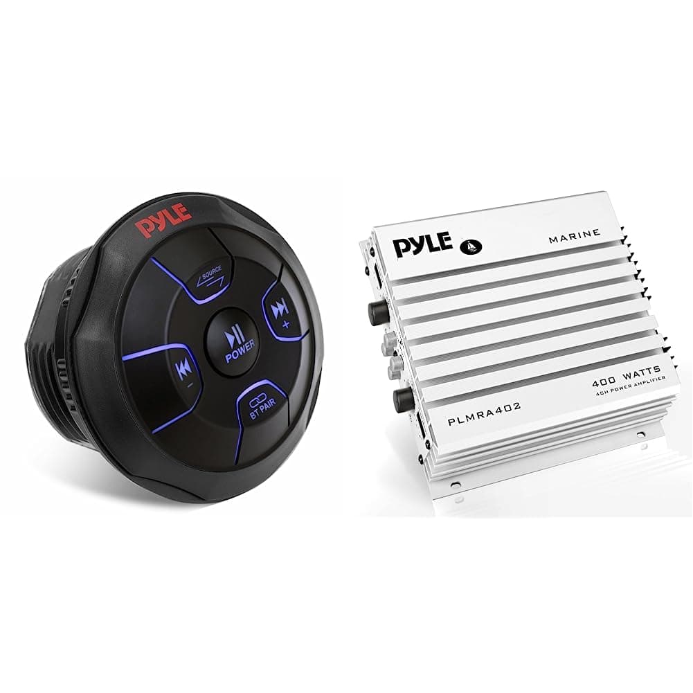 PyleAmplified Wireless Bluetooth Audio Controller & Hydra Marine Amplifier - Upgraded Elite Series 400 Watt 4 Channel Audio Amplifier - PLMRA402