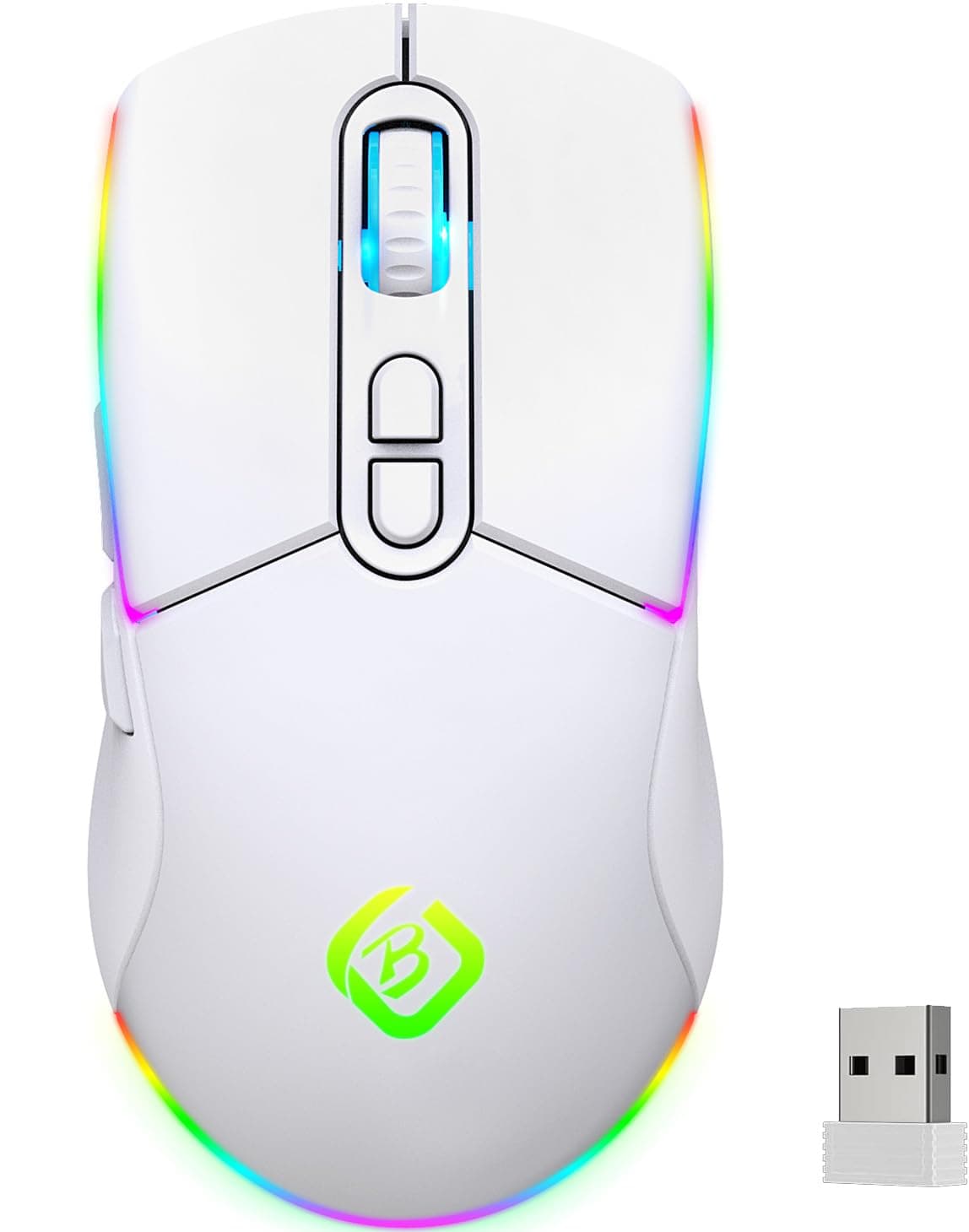 Wireless Gaming Mouse, Dual Mode 2.4GHz/Bluetooth 5.1 Mouse Gaming,RGB LED Backlit, Ergonomic Mouse with 6 Buttons, Rechargeable Computer Mouse for PC, Mac, Laptop (White)