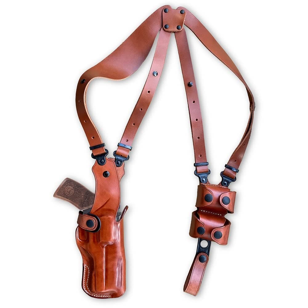 Premium Leather Vertical Shoulder Holster System with Double Speed Loader Pouch, for Rhino 40DS 357 Mag/9mm 4" Barrel, Right Hand Draw, Brown Color #1050#