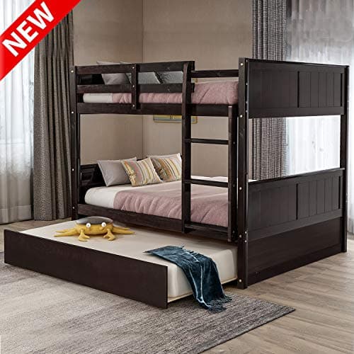 DANGRUUT Thicken Upgraded Version Full Over Full Bunk Bed with Trundle, Multifunction Solid Wood Bed Frame with Safety Guard Rail and Ladder, Convertible to 2 Separated Beds for Kids (Espresso)