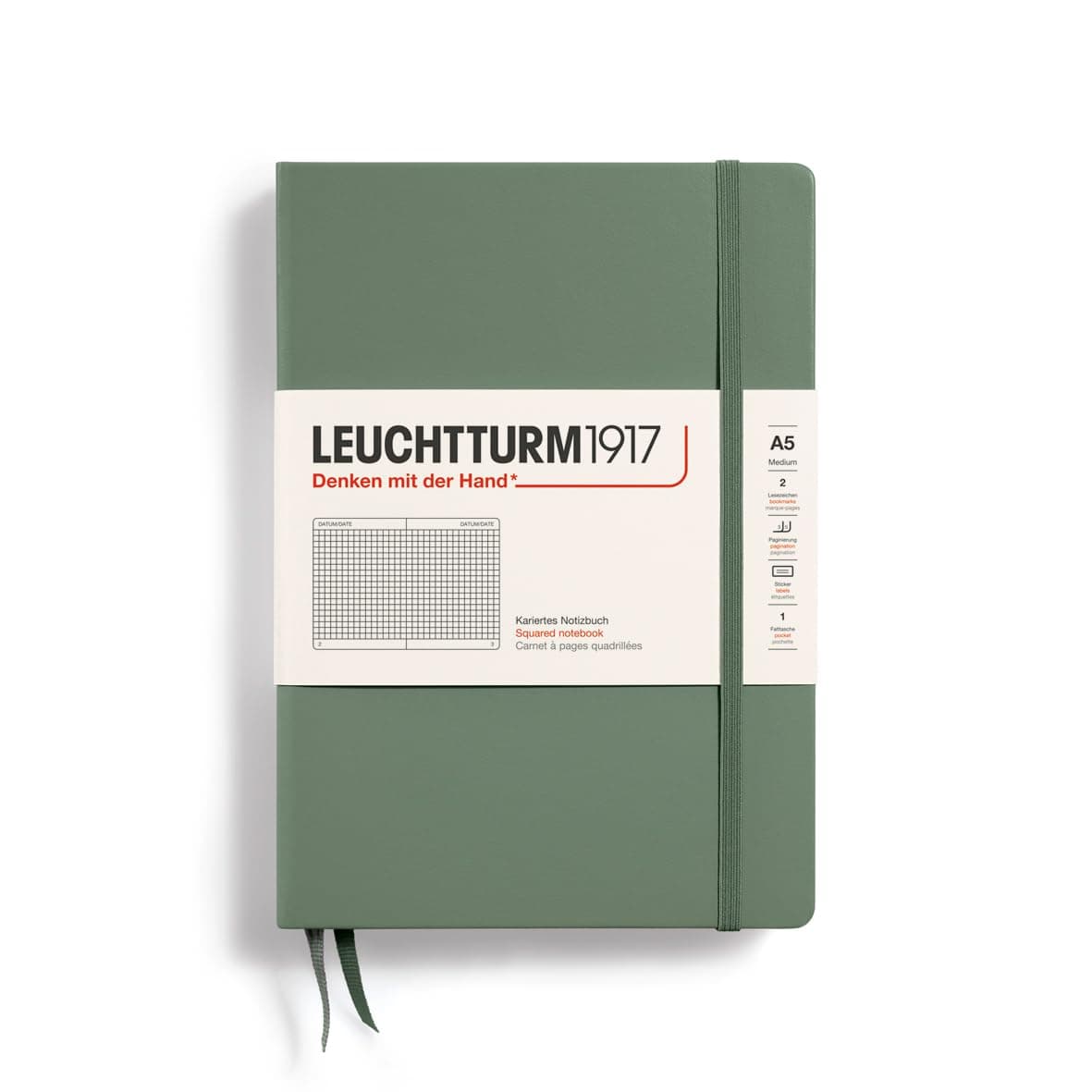365491 Notebook Medium (A5), Hardcover, 251 Numbered Pages, Olive, Squared