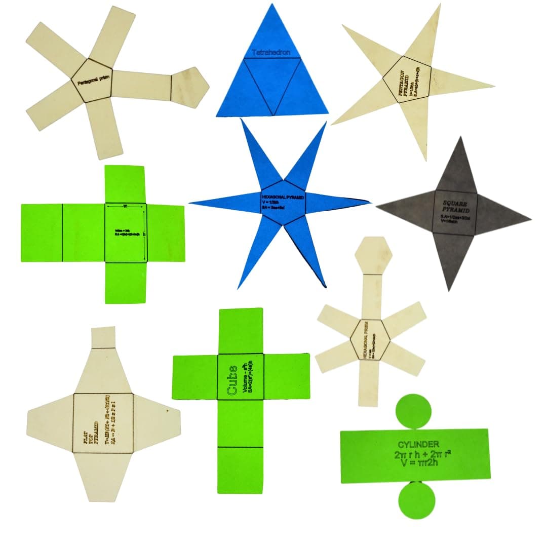 The Labworld Folding Math Geometric Shapes Set, 2D & 3D Shapes for Teaching Volume & Surface Area, Cube, Cuboid, Prism, Pyramids, Cylinder, Cone, Tetrahedron Set of 10 Pieces