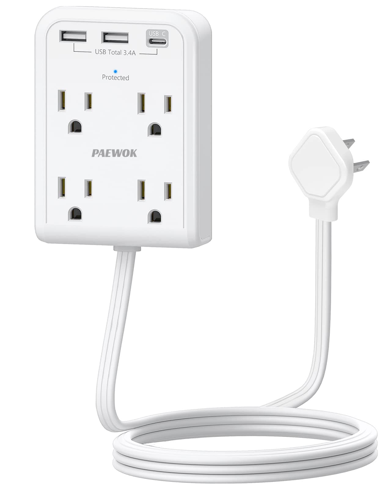 PAEWOK Flat Multi Plug Extender with 3 USB Wall Charger(1 Type C), 4 Outlet Wall Adapter, 4 ft Thin Extension Cord, Flat Plug Surge Protector Power Strip for Home, Office, College Dorm. White
