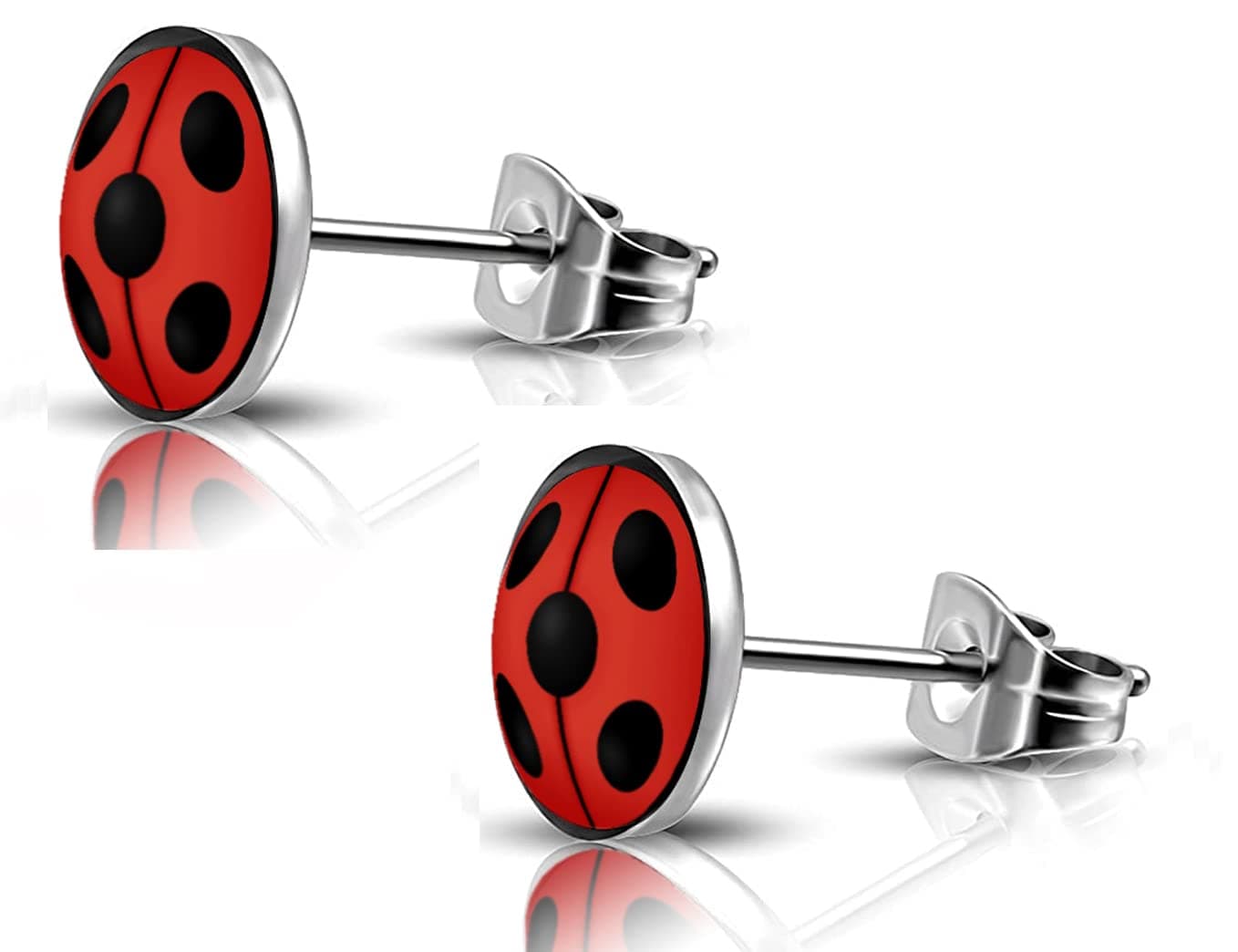 SIISPRI 316L Surgical Stainless Steel Ladybug Earrings Round Circle Button Stud Post Earrings 10mm, 3/8 inch, Stainless Steel, No Gemstone