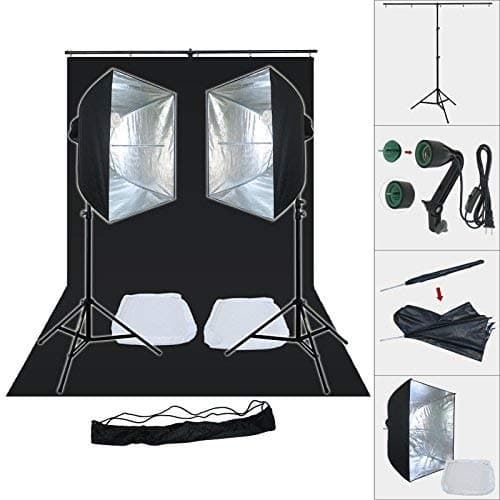LINCO Lincostore Complete Simple Studio Lighting Kit with 1.5x3m Premium Black Backdrop Muslin and T-Shape Single Backdrop Stand Kit