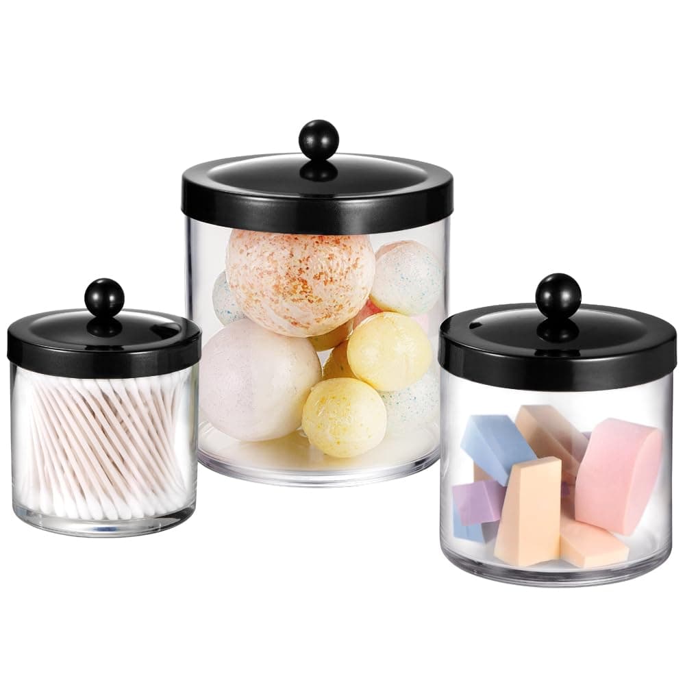 Premium Quality Apothecary Jars - Clear Plastic Storage Jars with Rust Proof Stainless Steel Lids - Bathroom Vanity Countertop Storage Organizer Canister Holder House Decor | Set of 3 (Black)