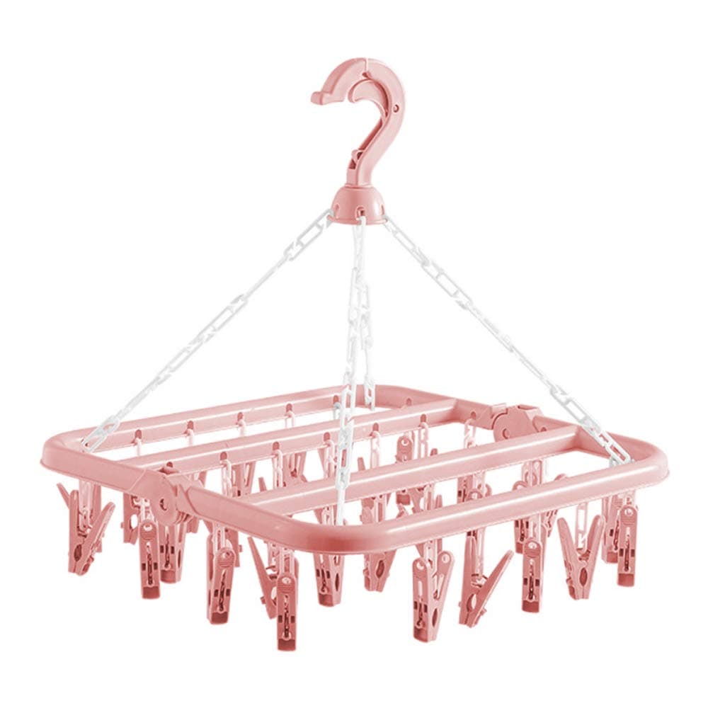 Clothes Drying Hanger with 32 Clips and Drip Foldable Hanging Rack (Light Pink)