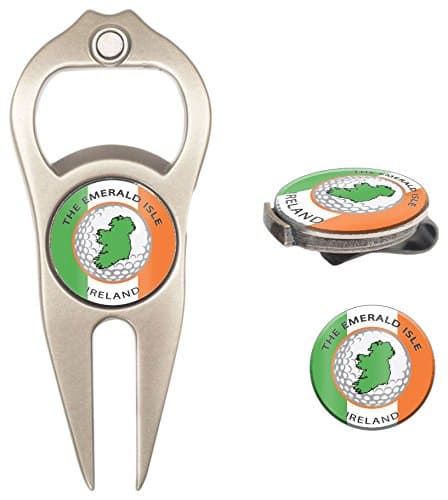 Hat Trick Openers 6-in-1 Golf Divot Tool & Hat Clip Set with Ireland Logo, Nickel