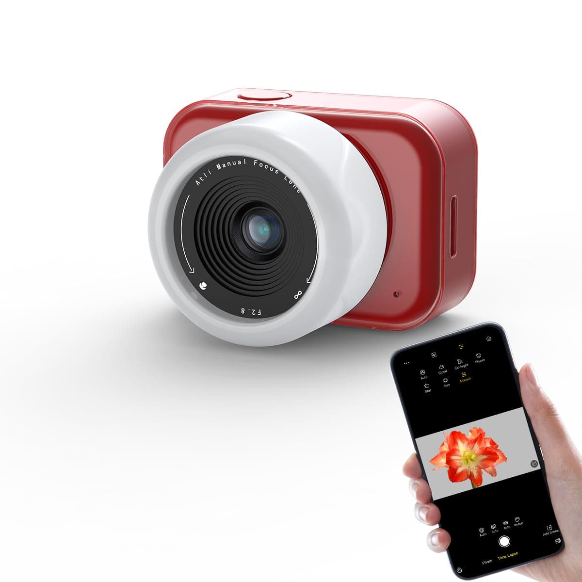 ATLI T100 Lite Time Lapse Camera 1080P HDR Professional WiFi APP Control Manual Focus Timelapse Video Camera for Plants Indoor Construction (Red&White)