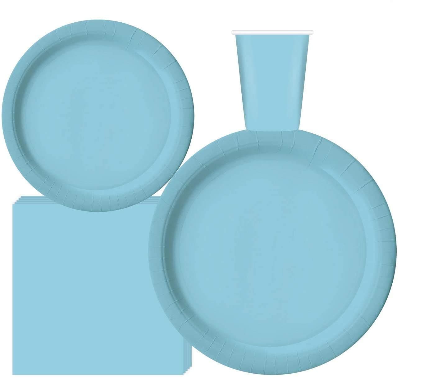 Oojami Light Blue Disposable Party Plates and Napkins Set for 50 – 200 Piece Paper Dinnerware Includes 9" Plates, 7" Dessert Plates, 9oz Cups, 3-Ply Napkins – Baby Shower, Birthday, Office, Events