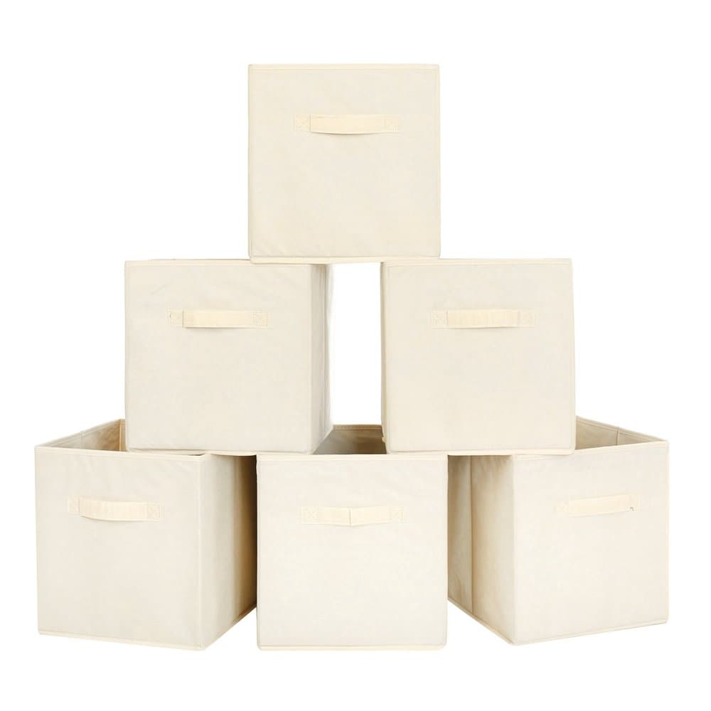 BASTUO Foldable Storage Box Fabric Cubes with 2 Handles Basket bin for toys,clothes,Set of 6, Beige