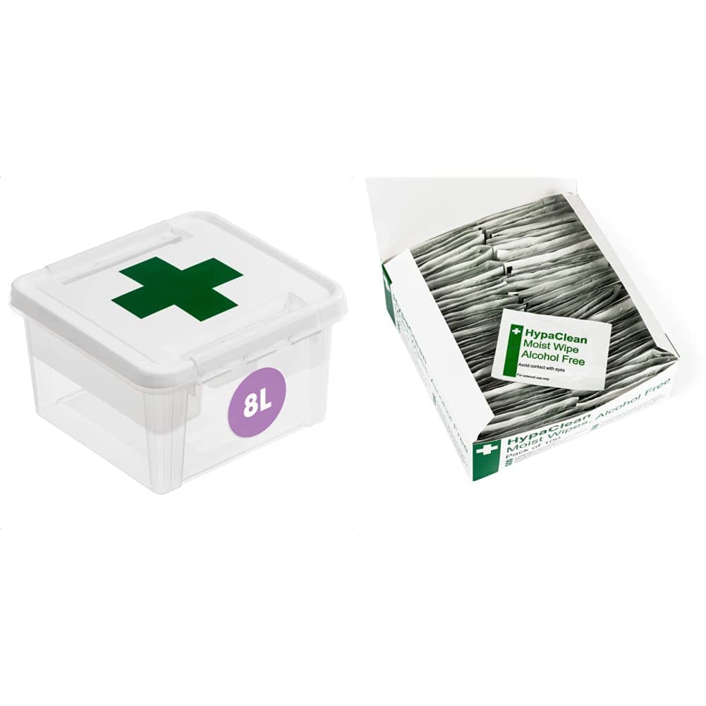 SmartStore 8L Plastic First Aid Box - Medicine Storage Box with Insert - BPA Free- L28 x W28 x H17cm & Safety First Aid Group HypaClean Moist Wound Cleansing Wipes