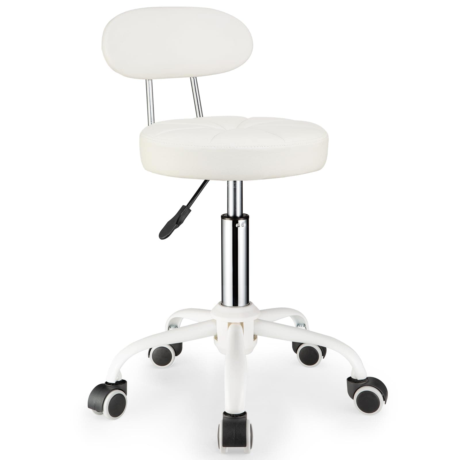 – Swivel Stool with Wheels Height Adjustable Rolling Spa Stool Chair Backrest (White)