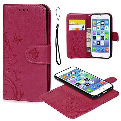 SUPWALL iPhone 6 6S Case, iPhone 6 6S Wallet Case Embossed Butterfly PU Leather Cover Detachable Magnetic Wallet with Card Slots and Wrist Strap for iPhone 6 6S 4.7 inch Hot Pink