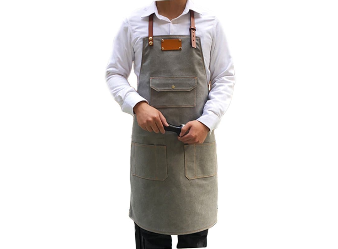 L Size Leather Strap Custom Gray Canvas Apron for Men Barbershop Hairdresser Women Kitchen Personalized Barbershop Coffee Apron Utility Apron With Pockets