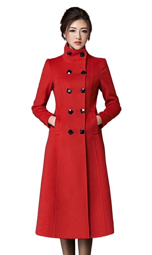 Chickle Women's Double Breasted Lapel Walker Long Wool Coat Red S