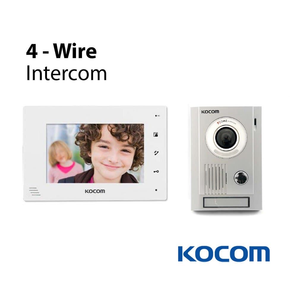 Kocom Kit: KC-MC30 Video Door Intercom Camera & KCV-D374-W 7" Monitor 4 Wire System, 3.6mm Camera Lens, White LED At Night, Surface Mount, 4 wire system