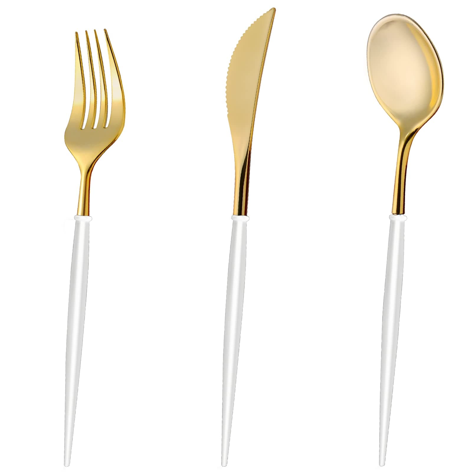 120PCS Gold Plastic Silverware - Disposable Flatware with White Handle, Gold Plastic Cutlery Includes 40 Spoons, 40 Forks, 40 Knives for Party, Dinner, Wedding