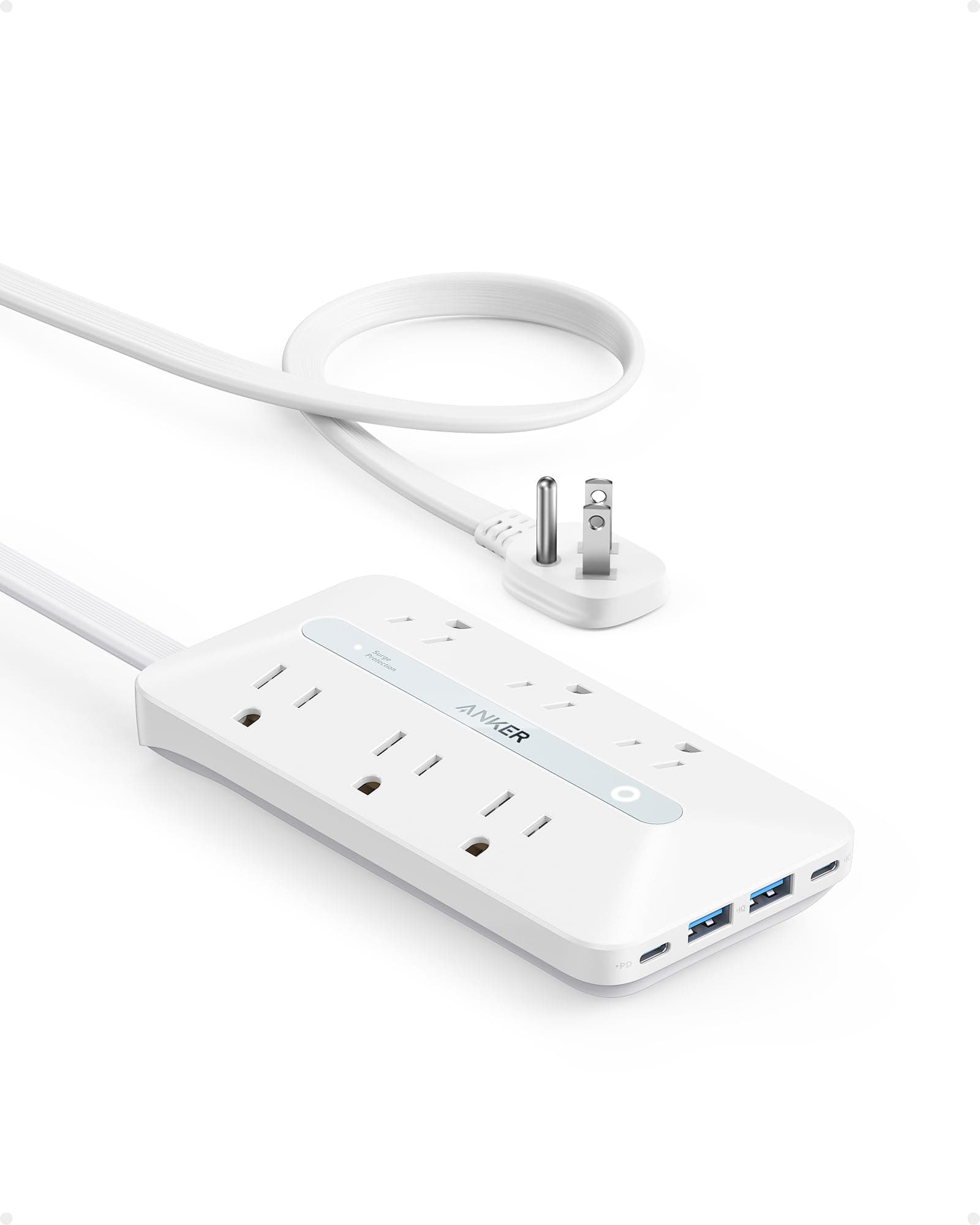 Anker Flat Plug Power Strip, 10-in-1 Ultra Thin with 6 AC, 2 USB A and 2 USB C Ports, 5ft Extension Cord, White Plastic Desk Charging Station, Home Office, College Dorm Room Essentials